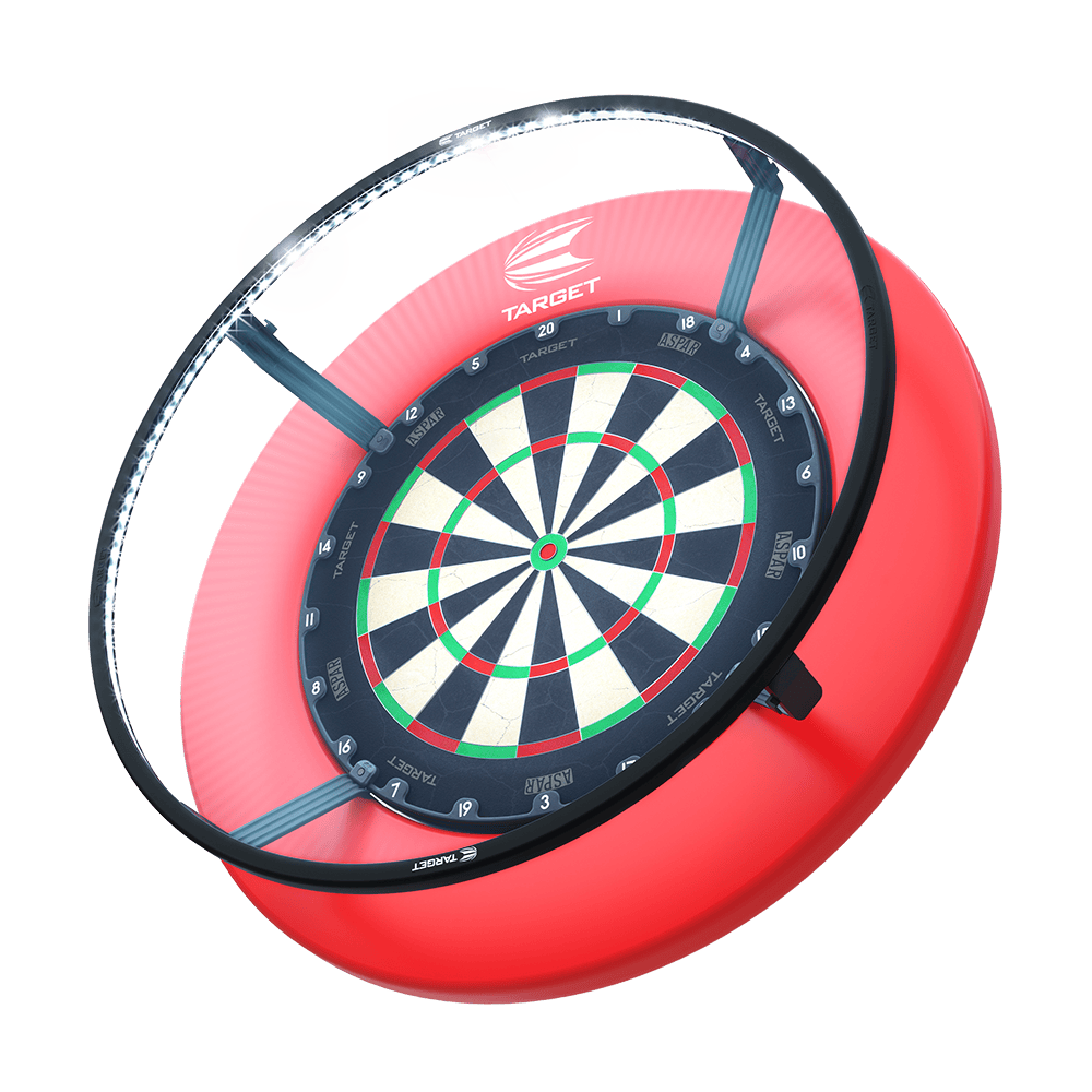 Das Bild zeigt das Produkt „Target CORONA Vision LED Dartboard Lighting System“. Es handelt sich um eine runde LED-Beleuchtung, die um eine Dartscheibe angebracht ist.